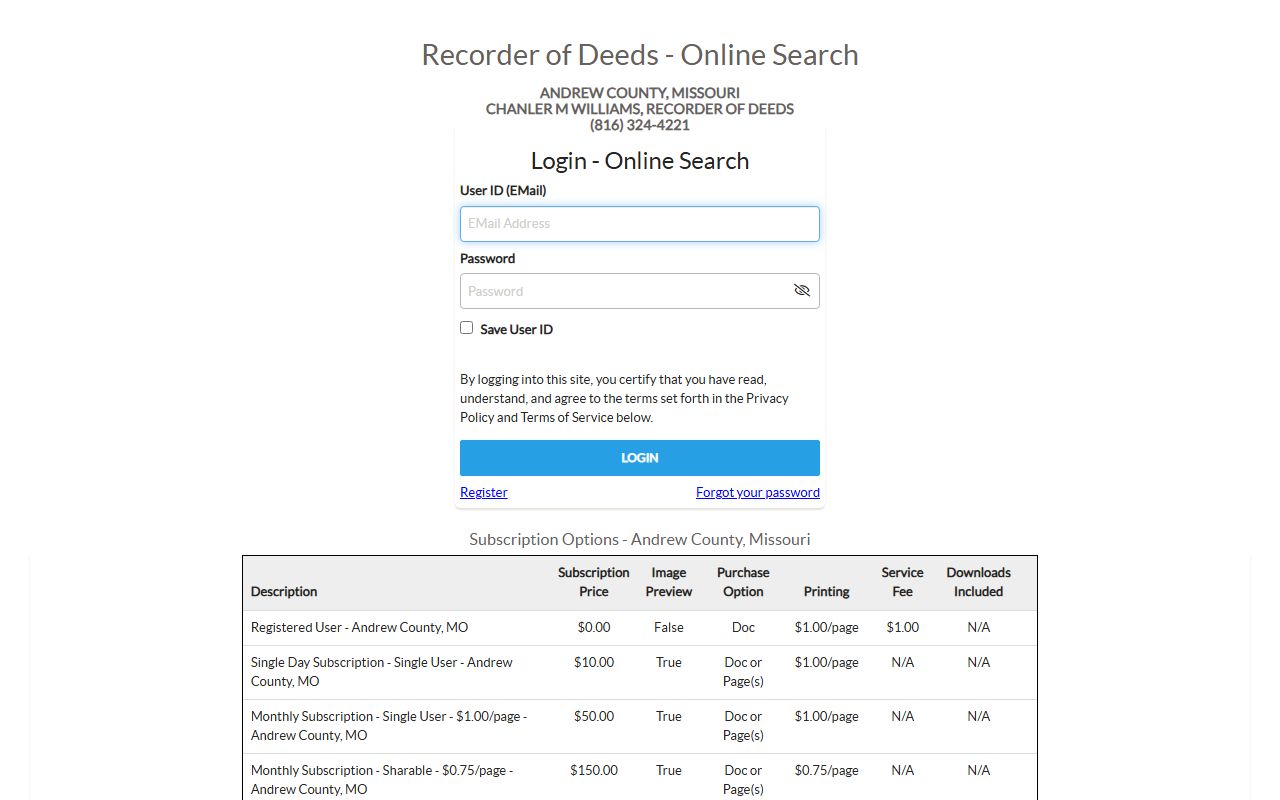 Andrew County iRecord online search portal for property records