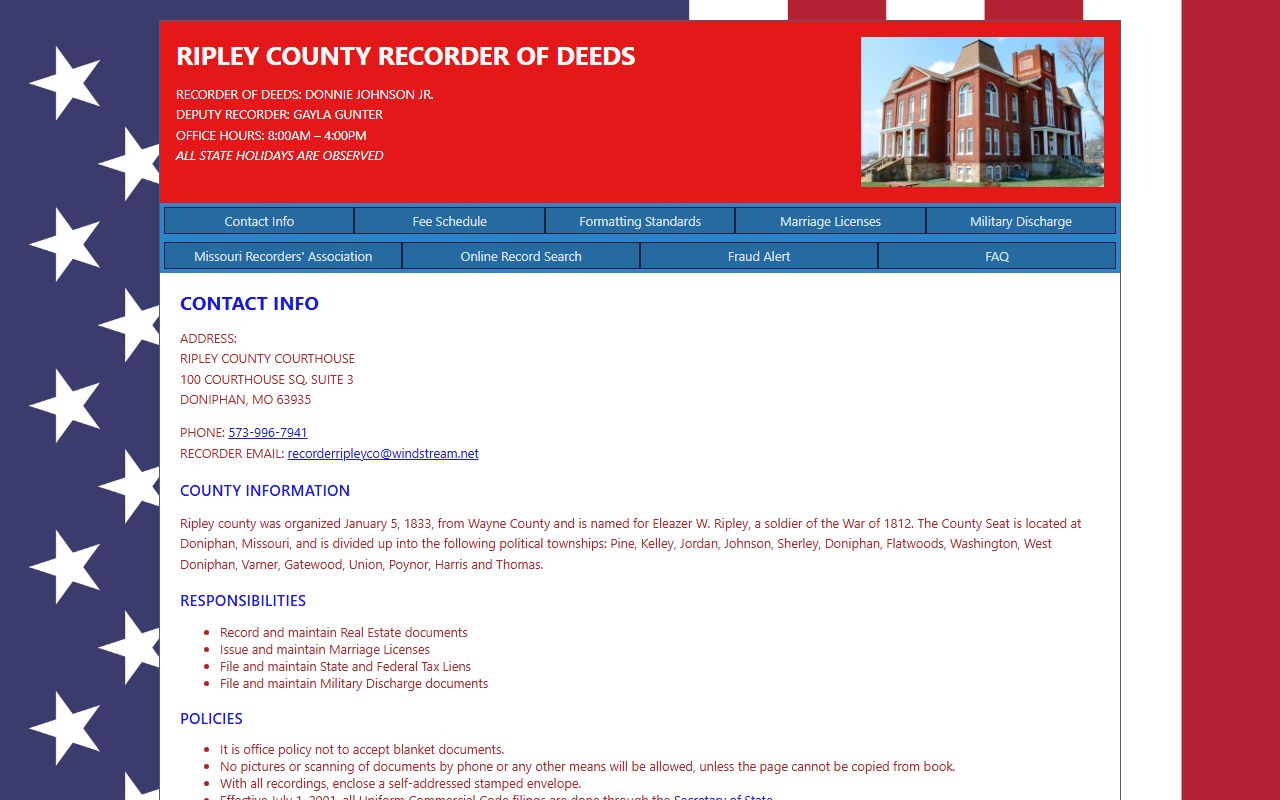 Ripley County Recorder of Deeds website for property records in Doniphan Missouri
