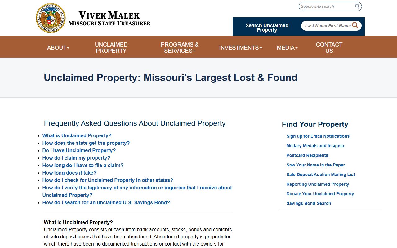 Missouri State Treasurer unclaimed property search related to Missouri property records