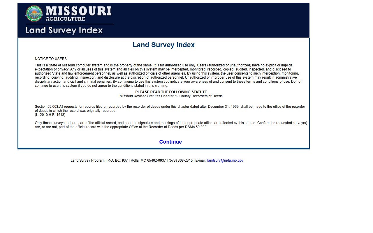 Missouri Land Survey Index search tool for Missouri property records